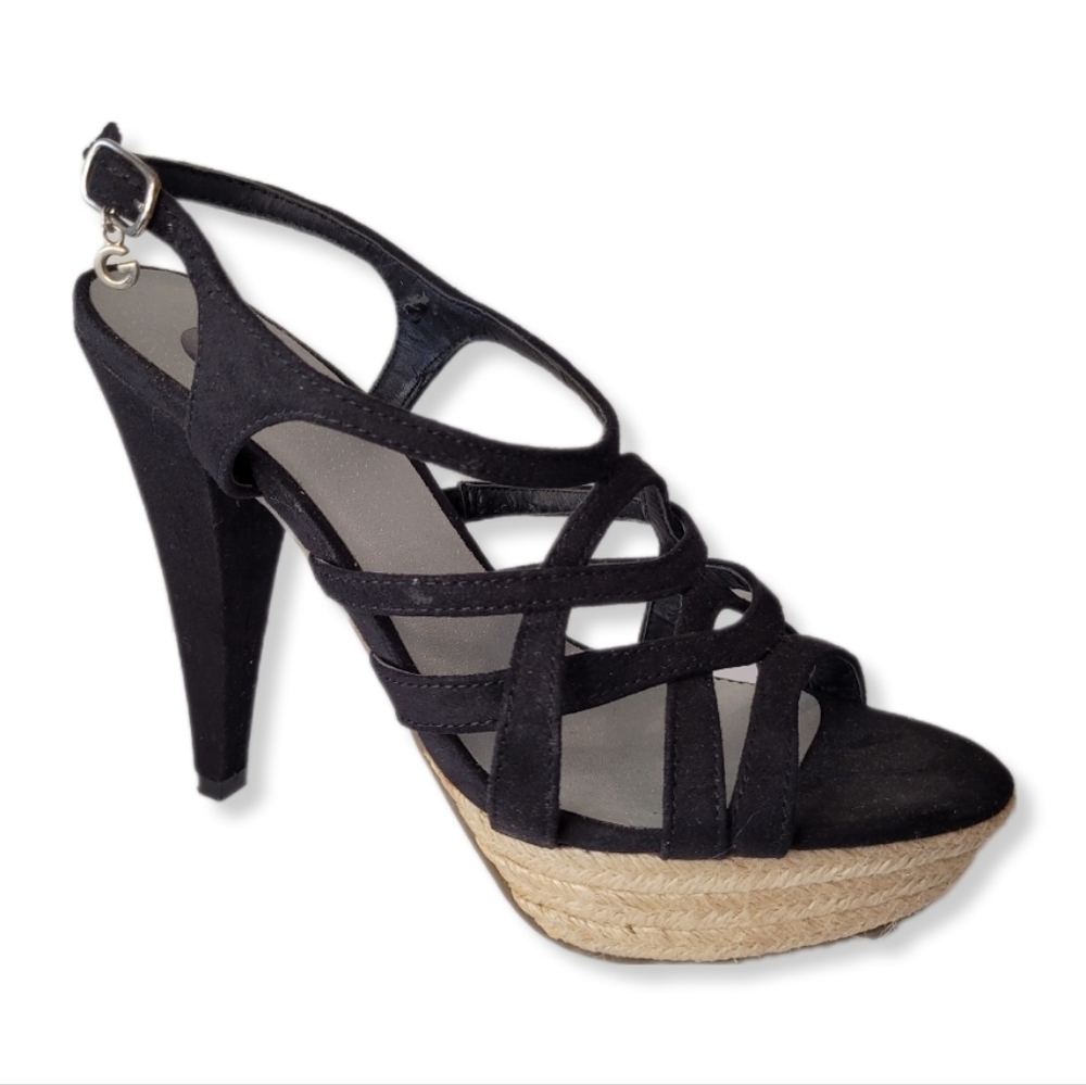 G by Guess Shoes Black Strappy Straw Platform Stiletto High Heel Size 8.…